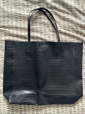 Divided Black Croc-Embossed Tote Bag
